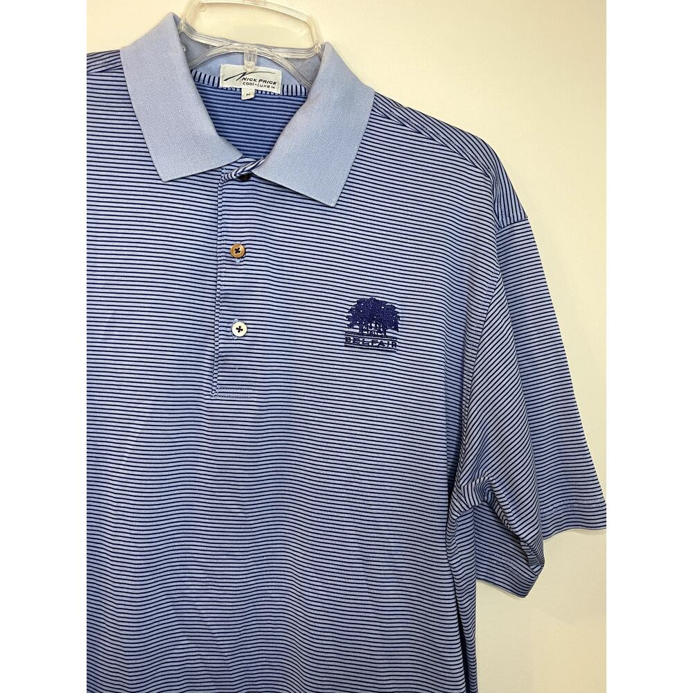 Nick Price‎ Cool-Luxe Mens Golf Polo M BELFAIR Blue Stripe Cotton/Poly EUC